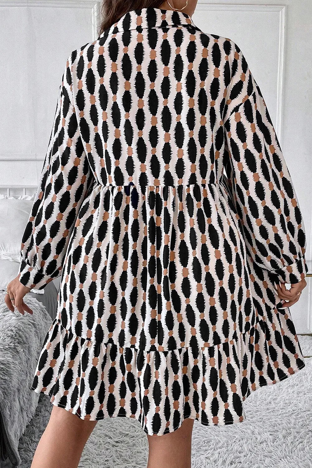 Plus Size Printed Johnny Collar Long Sleeve Dress Trendsi