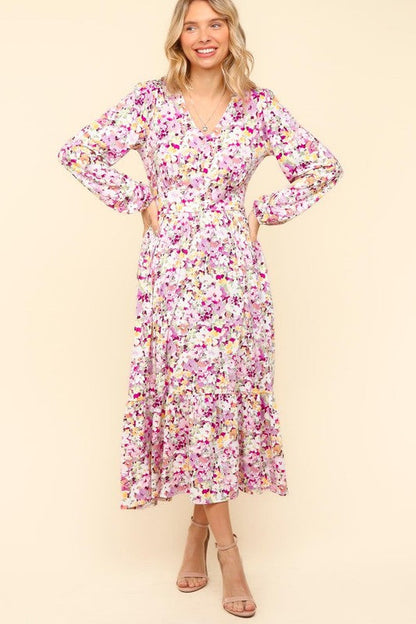 Haptics Full Size Floral V-Neck Long Sleeve Dress with Side Pockets Trendsi