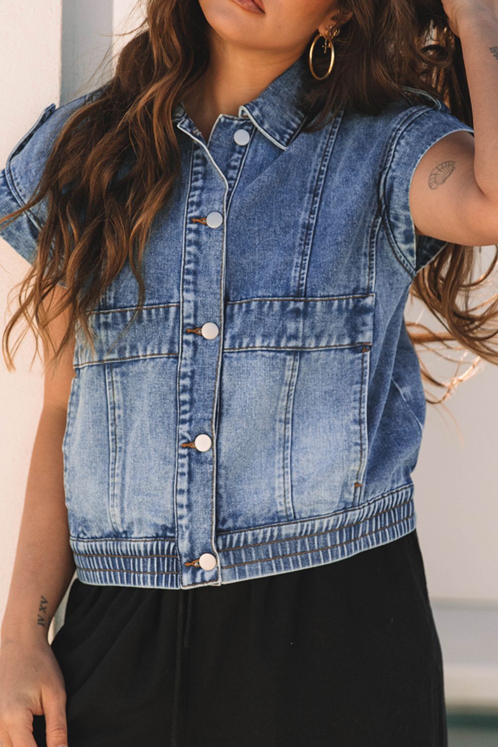 Button Up Cap Sleeve Denim Jacket Trendsi