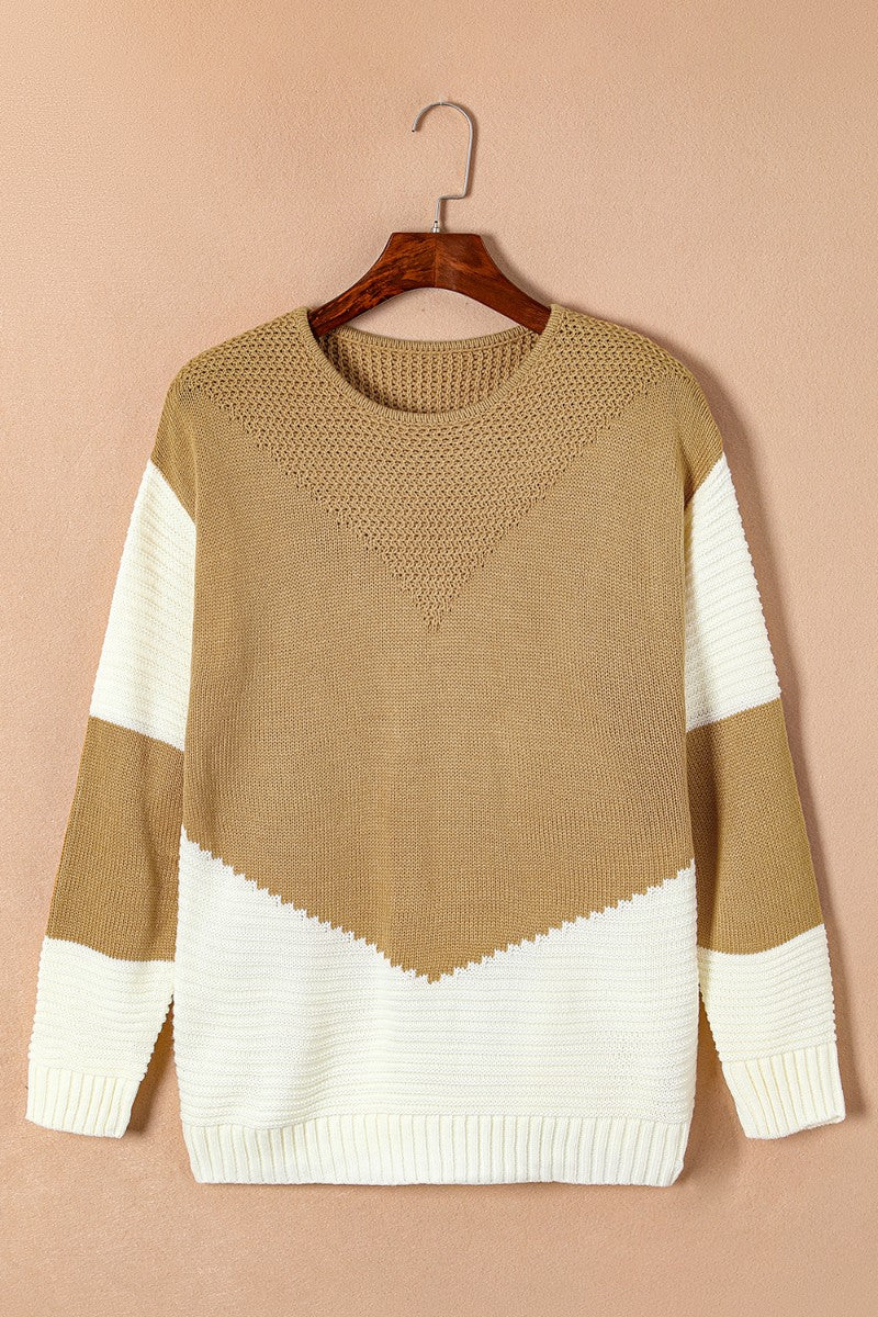 Color Block Round Neck Long Sleeve Sweater Trendsi