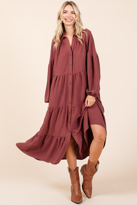 Mittoshop Tiered Button Down Long Sleeve Midi Dress Trendsi