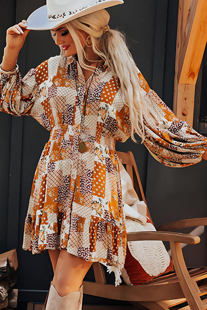 Printed Collared Neck Three-Quarter Sleeve Mini Shirt Dress Trendsi