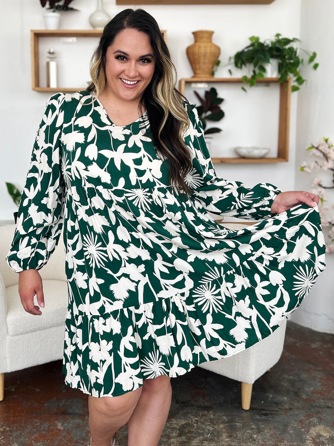 Double Take Full Size Printed Ruffle Hem Dress with Pocket Trendsi