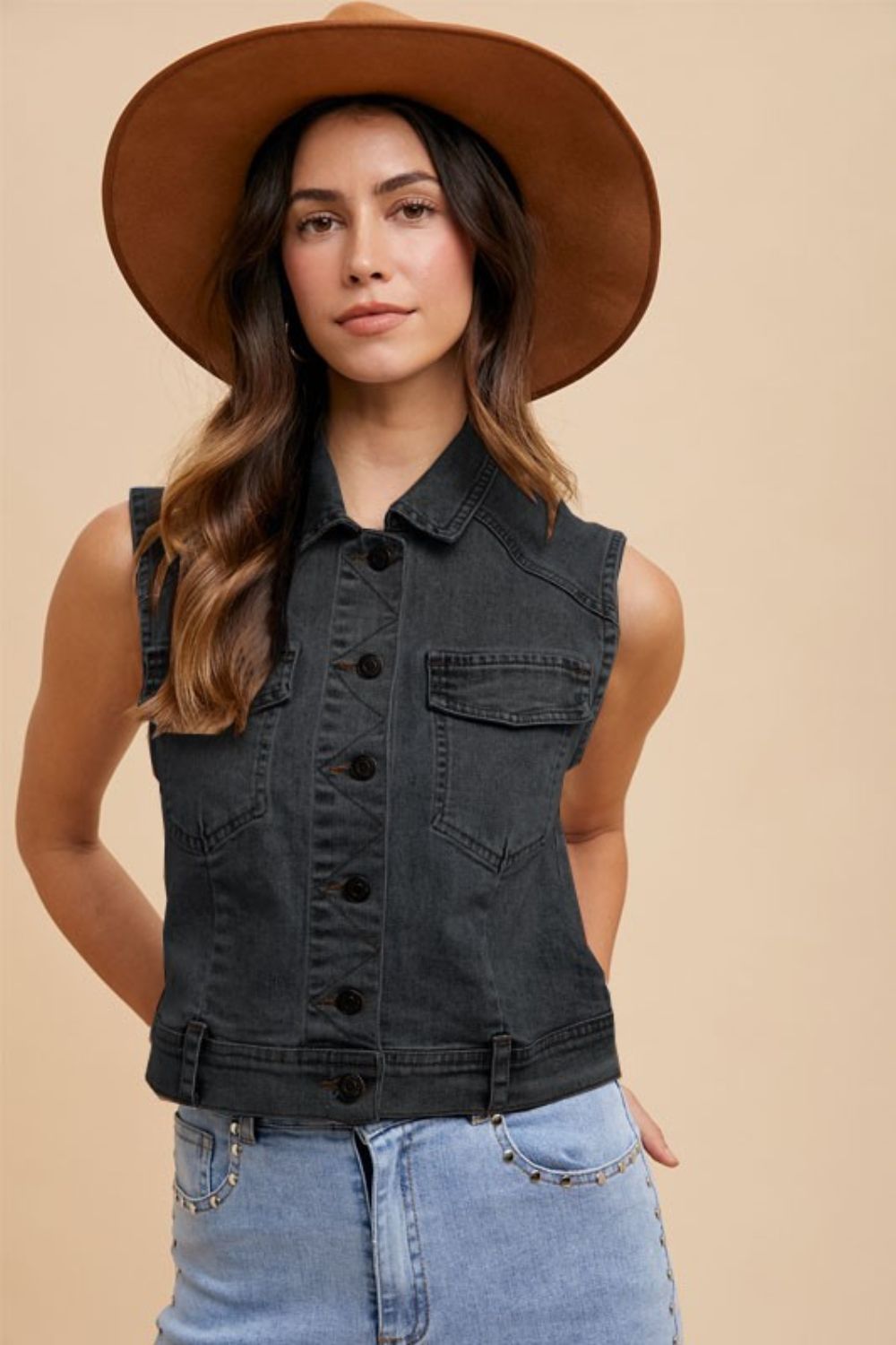 Annie Wear Collared Neck Button Down Denim Vest Trendsi