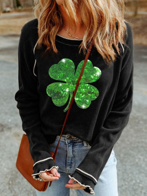 Sequin Lucky Clover Lettuce Trim Long Sleeve Top Trendsi