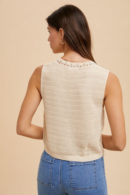 Annie Wear Crochet Trim Button Down Sweater Vest Trendsi