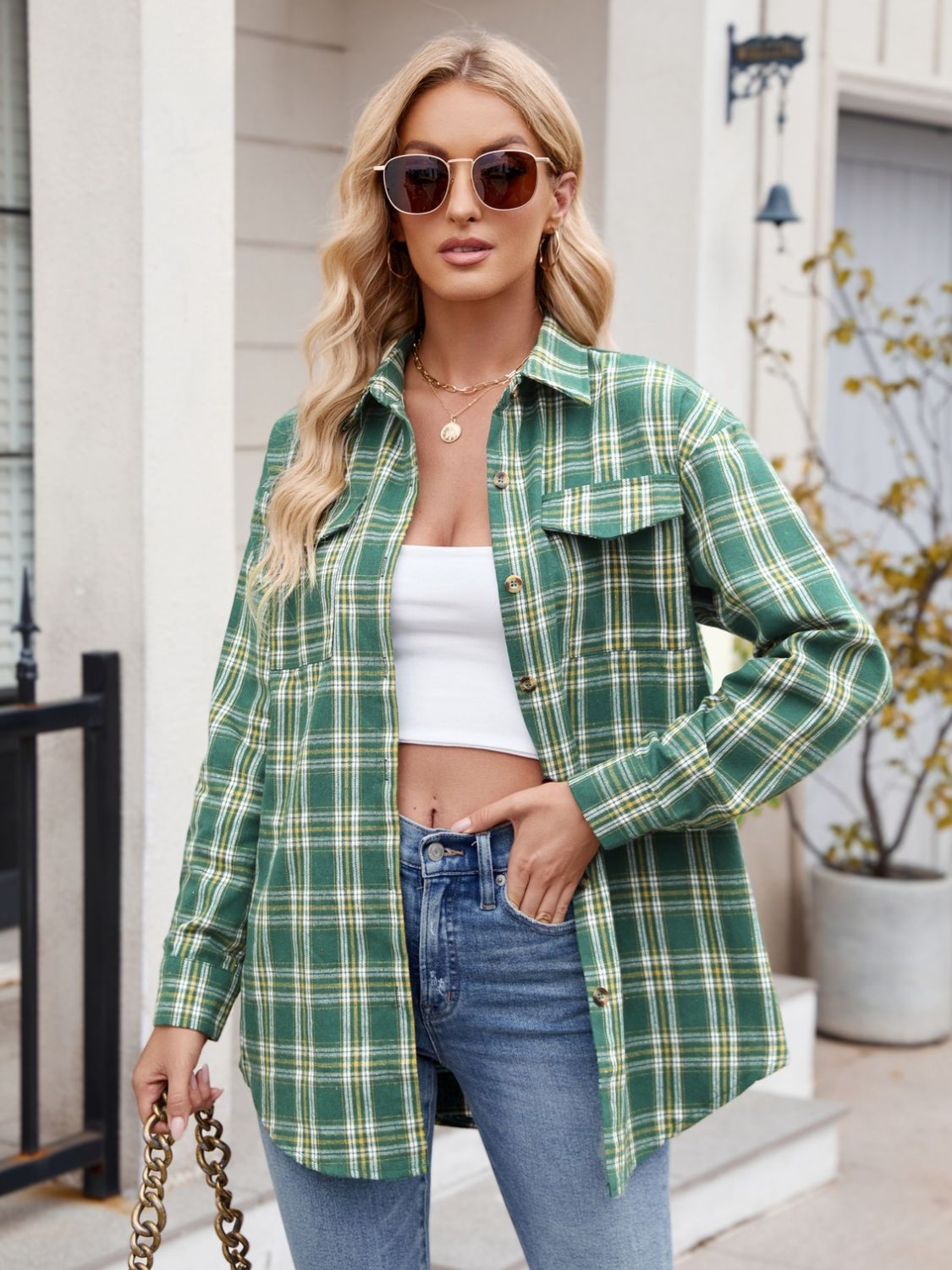 Mandy Plaid Button Up Long Sleeve Shirt Trendsi