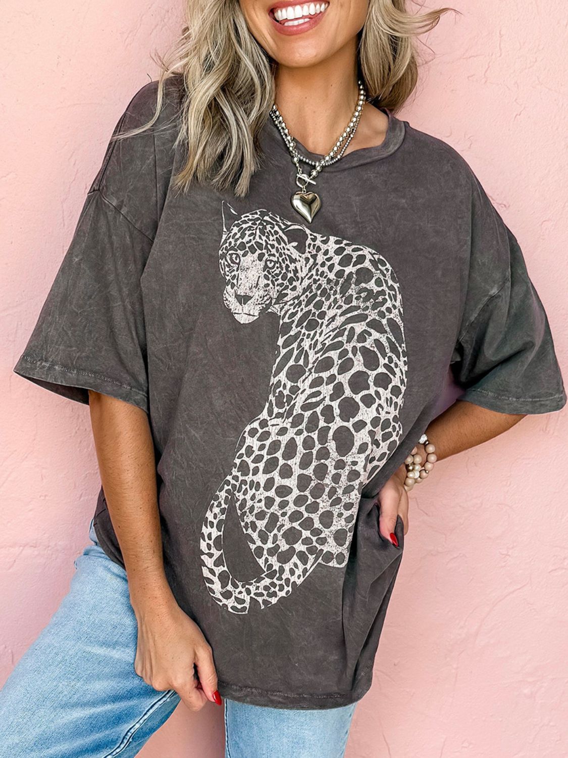 Cheetah Mineral Wash Round Neck Half Sleeve T-Shirt Trendsi