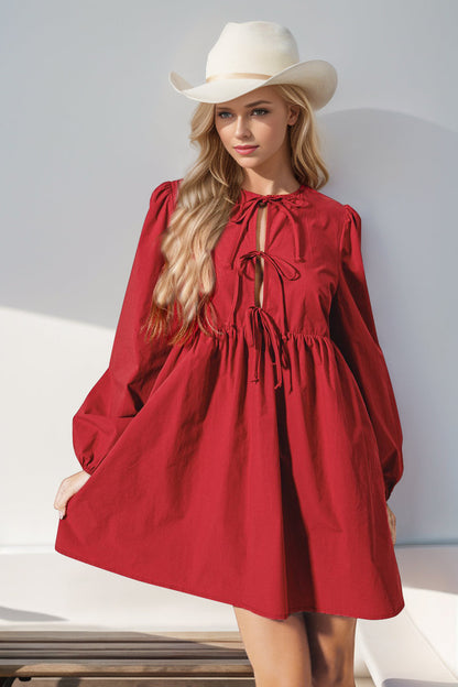 Double Take Christmas Front Tied Long Sleeve Mini Dress Trendsi