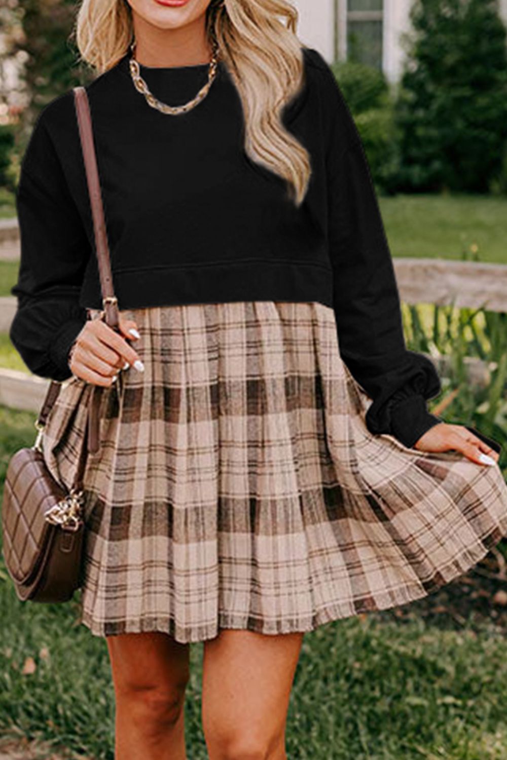 Plaid Round Neck Long Sleeve Mini Dress Trendsi