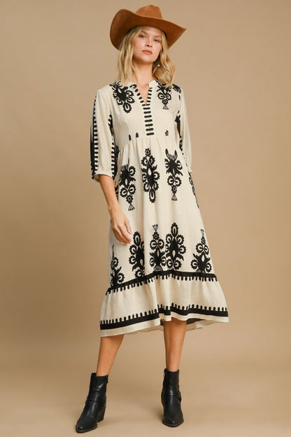 Umgee Printed Notched Midi Dress Trendsi