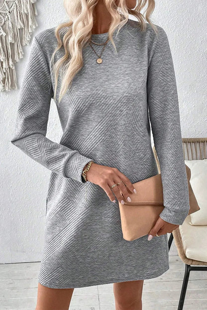 Textured Round Neck Long Sleeve Mini Dress Trendsi