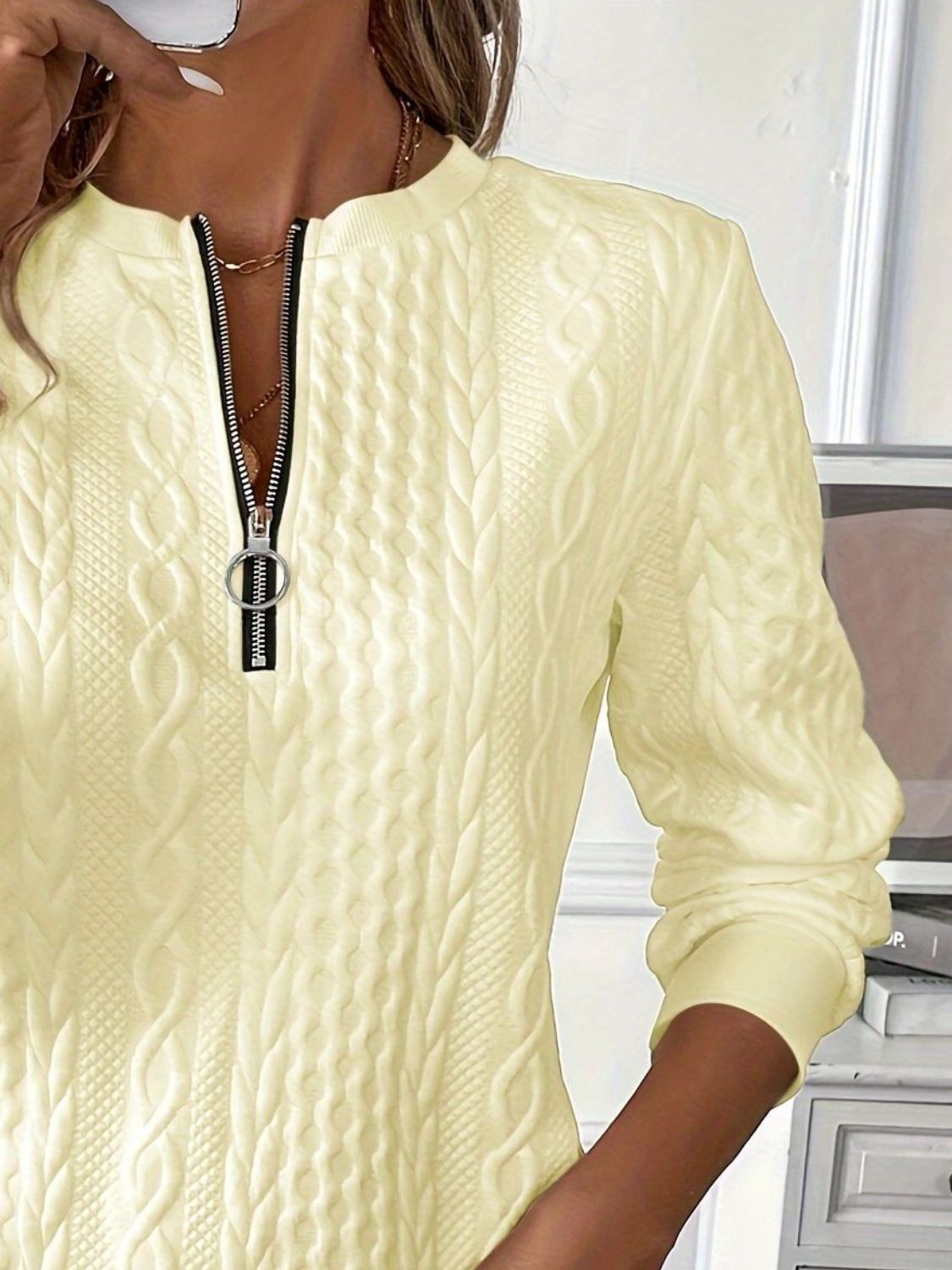 Texture Half Zip Long Sleeve Sweatshirt Trendsi