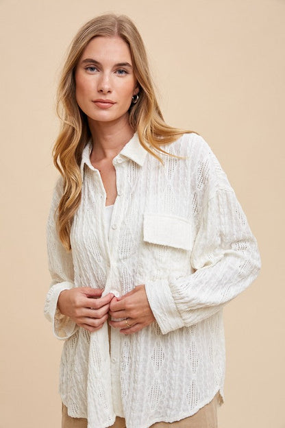 Annie Wear Openwork Button Down Drop Shoulder Shirt Trendsi