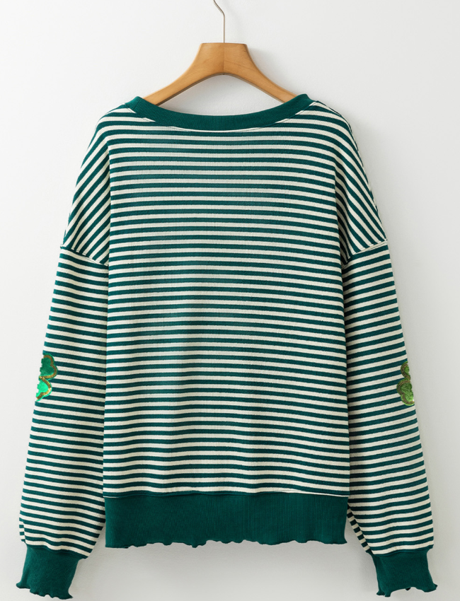 Stripe Lucky Clover Drop Shoulder Sweatshirt Trendsi