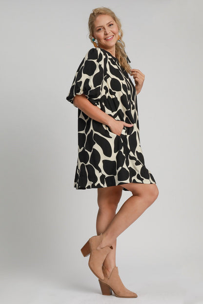 Umgee Full Size Two Tone Abstract Print Puff Sleeve Dress Plus Size Trendsi