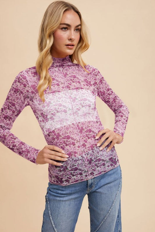 Annie Wear Floral Lettuce Hem Sheer Mesh Top Trendsi