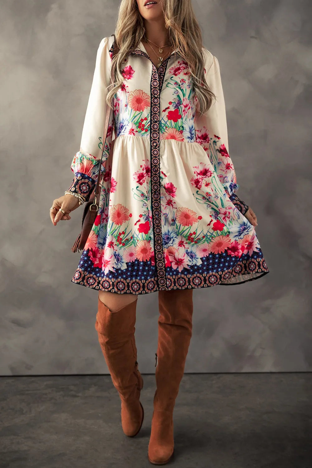 Flower Button Down Lantern Sleeve Dress Trendsi