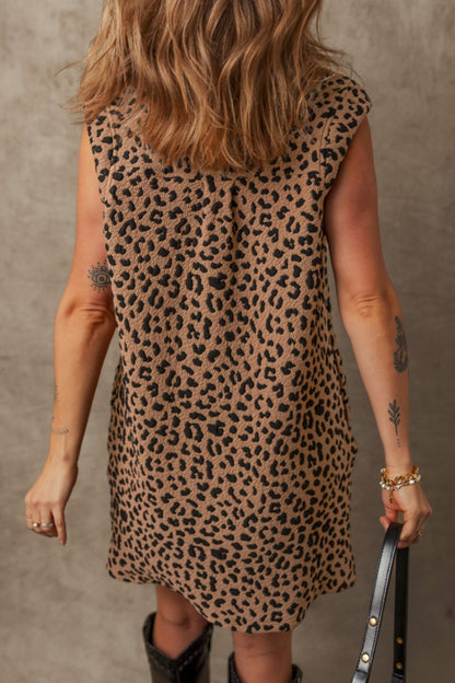 Leopard Johnny Collar Sleeveless Mini Dress Trendsi