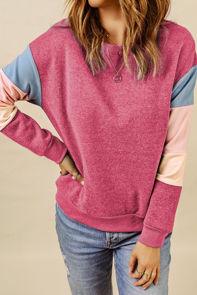 Color Block Round Neck Long Sleeve Sweatshirt Trendsi