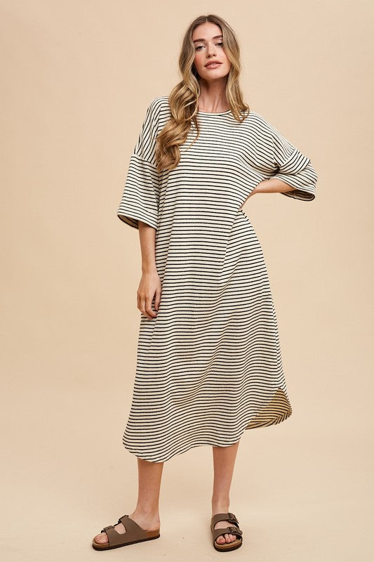 Annie Wear Striped Round Neck Terry Midi Dress Trendsi