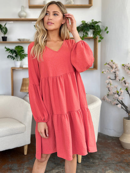 Double Take Full Size V-Neck Balloon Sleeve Tiered Dress with Pockets Trendsi