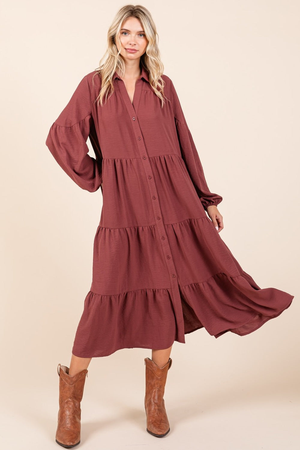 Mittoshop Tiered Button Down Long Sleeve Midi Dress Trendsi