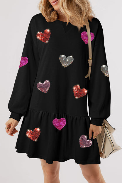 Sequin Heart Round Neck Long Sleeve Mini Dress Trendsi