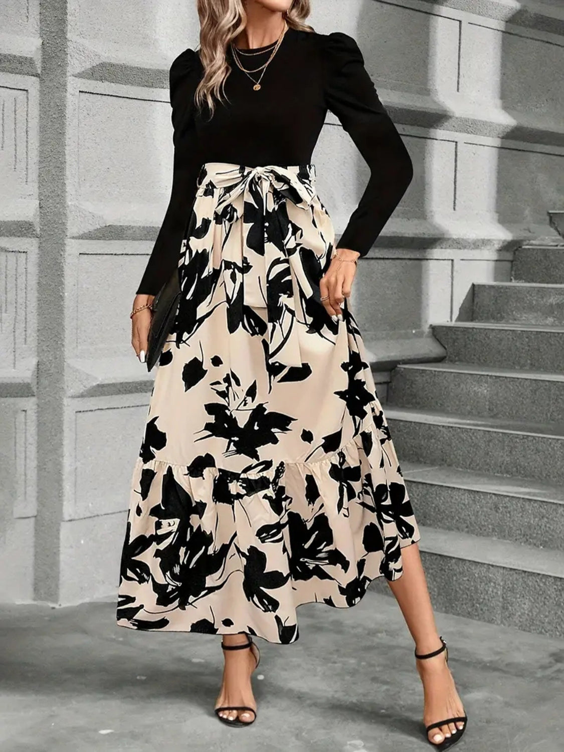 Tied Printed Round Neck Long Sleeve Midi Dress Trendsi