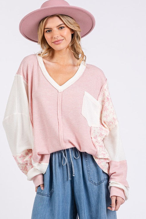 SAGE + FIG Floral Long Sleeve V-Neck Waffle Knit Top Trendsi