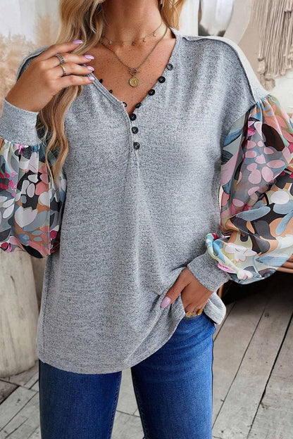 Printed Lantern Sleeve Buttoned V Neck Top Trendsi