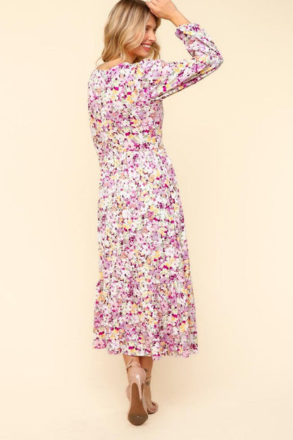 Haptics Full Size Floral V-Neck Long Sleeve Dress with Side Pockets Trendsi