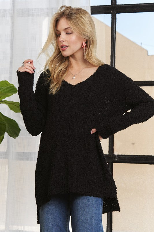 ADORA High-Low Side Slit V-Neck Sweater Trendsi