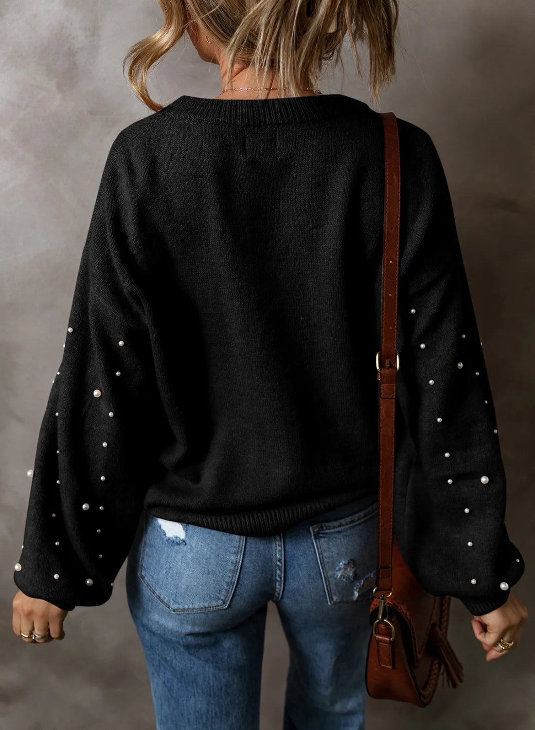 Pearl Detail Round Neck Long Sleeve Sweater Trendsi