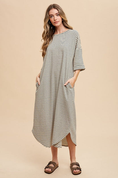 Annie Wear Striped Round Neck Terry Midi Dress Trendsi