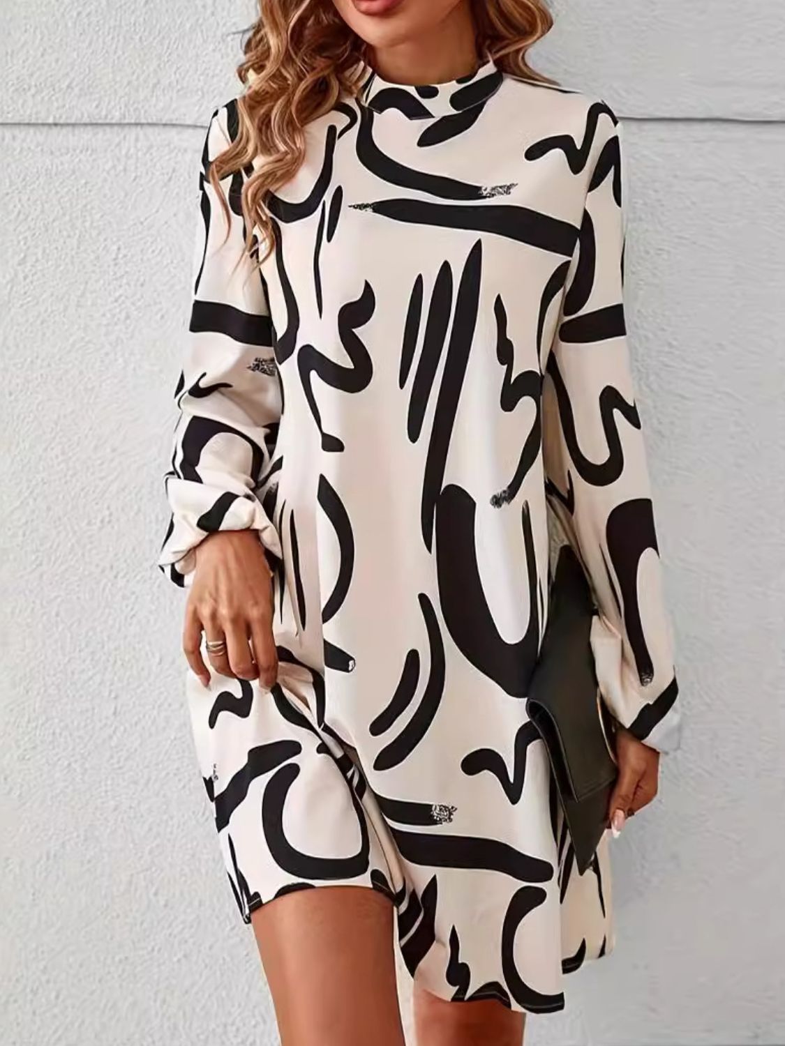 Printed Mock Neck Long Sleeve Mini Dress Trendsi