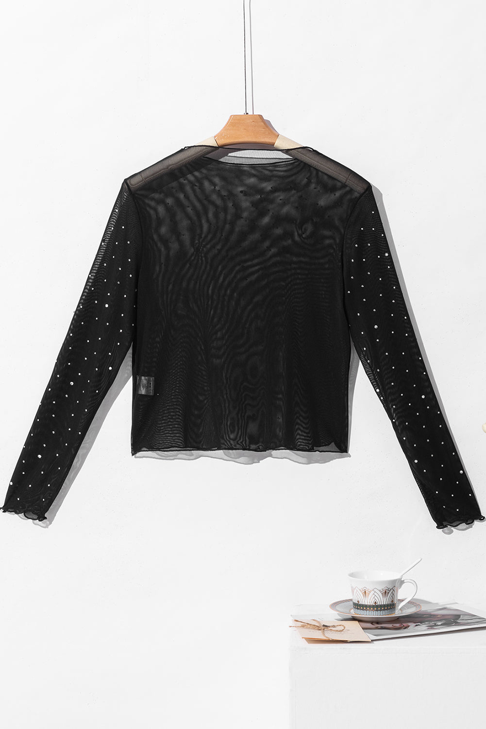 Rhinestone Sheer Mesh Mock Neck Long Sleeve Top Trendsi