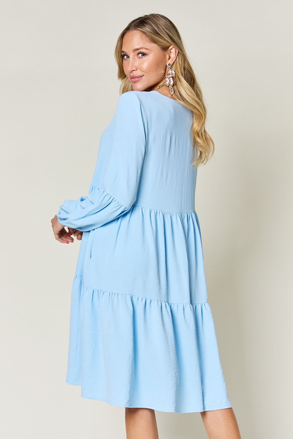 Double Take Full Size V-Neck Balloon Sleeve Tiered Dress with Pockets Trendsi