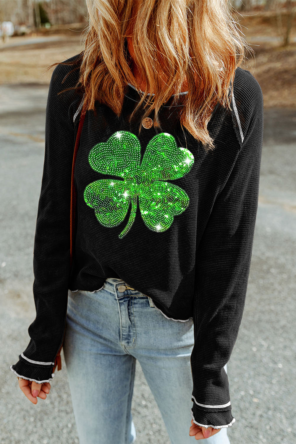 Sequin Lucky Clover Lettuce Trim Long Sleeve Top Trendsi