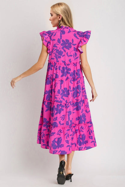 Oh Full Size Ruffled Printed Notched Cap Sleeve Midi Dress Trendsi