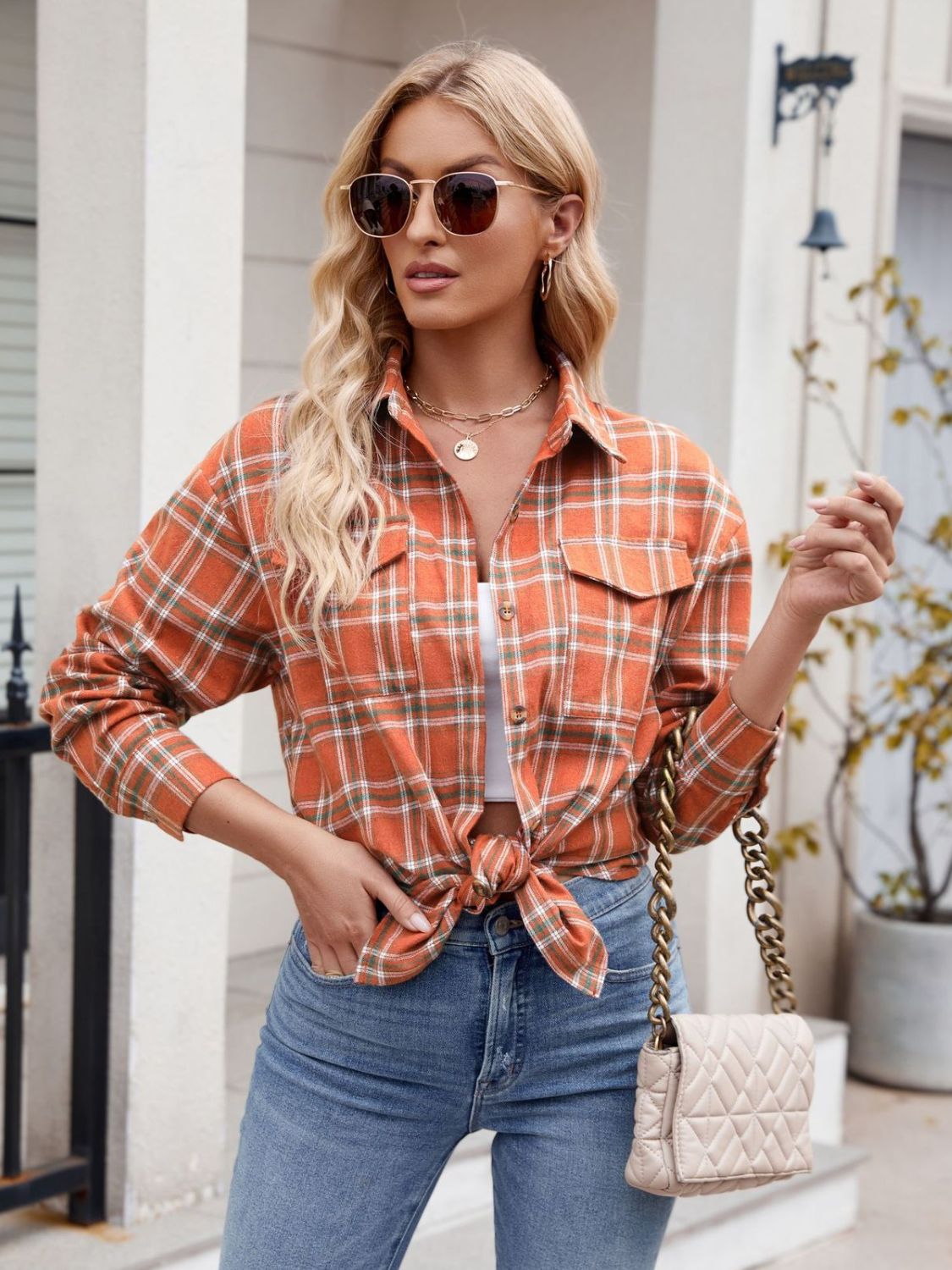 Mandy Plaid Button Up Long Sleeve Shirt Trendsi