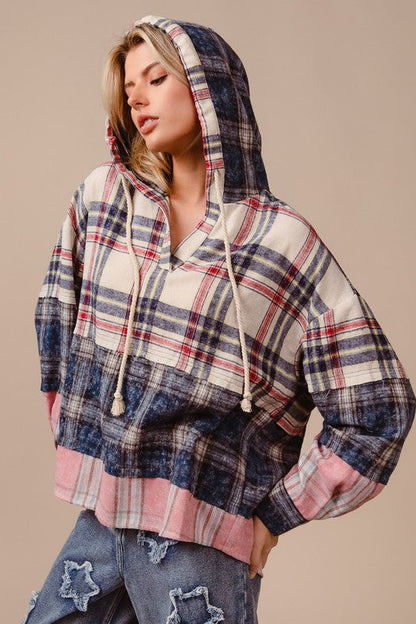 BiBi Drawstring Plaid Drop Shoulder Hoodie Trendsi