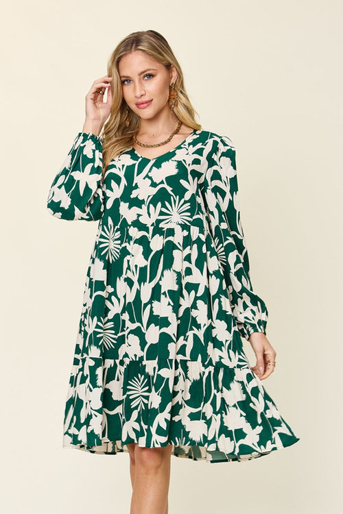 Double Take Full Size Printed Ruffle Hem Dress with Pocket Trendsi