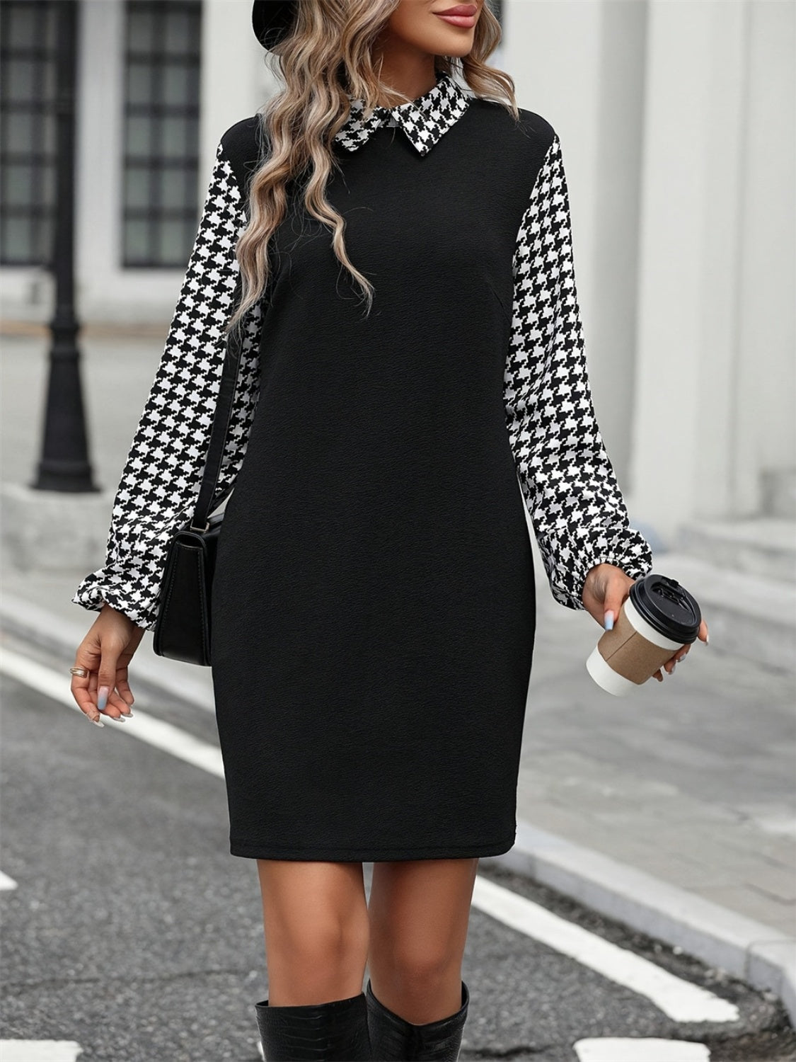 Houndstooth Collared Neck Long Sleeve Mini Dress Trendsi