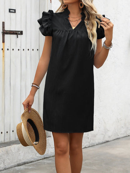 Ivy Lane Ruffled Notched Cap Sleeve Mini Dress Trendsi