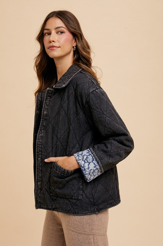 Annie Wear Quilted Printed Lining Snap Down Denim Jacket Trendsi