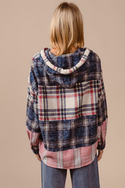 BiBi Drawstring Plaid Drop Shoulder Hoodie Trendsi