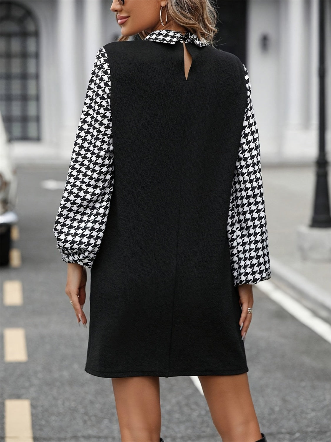 Houndstooth Collared Neck Long Sleeve Mini Dress Trendsi