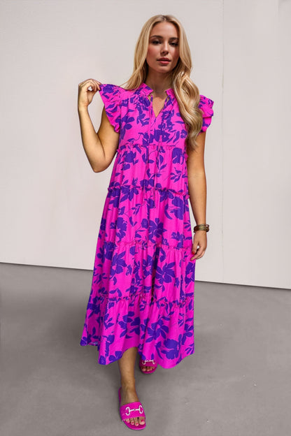 Oh Full Size Ruffled Printed Notched Cap Sleeve Midi Dress Trendsi