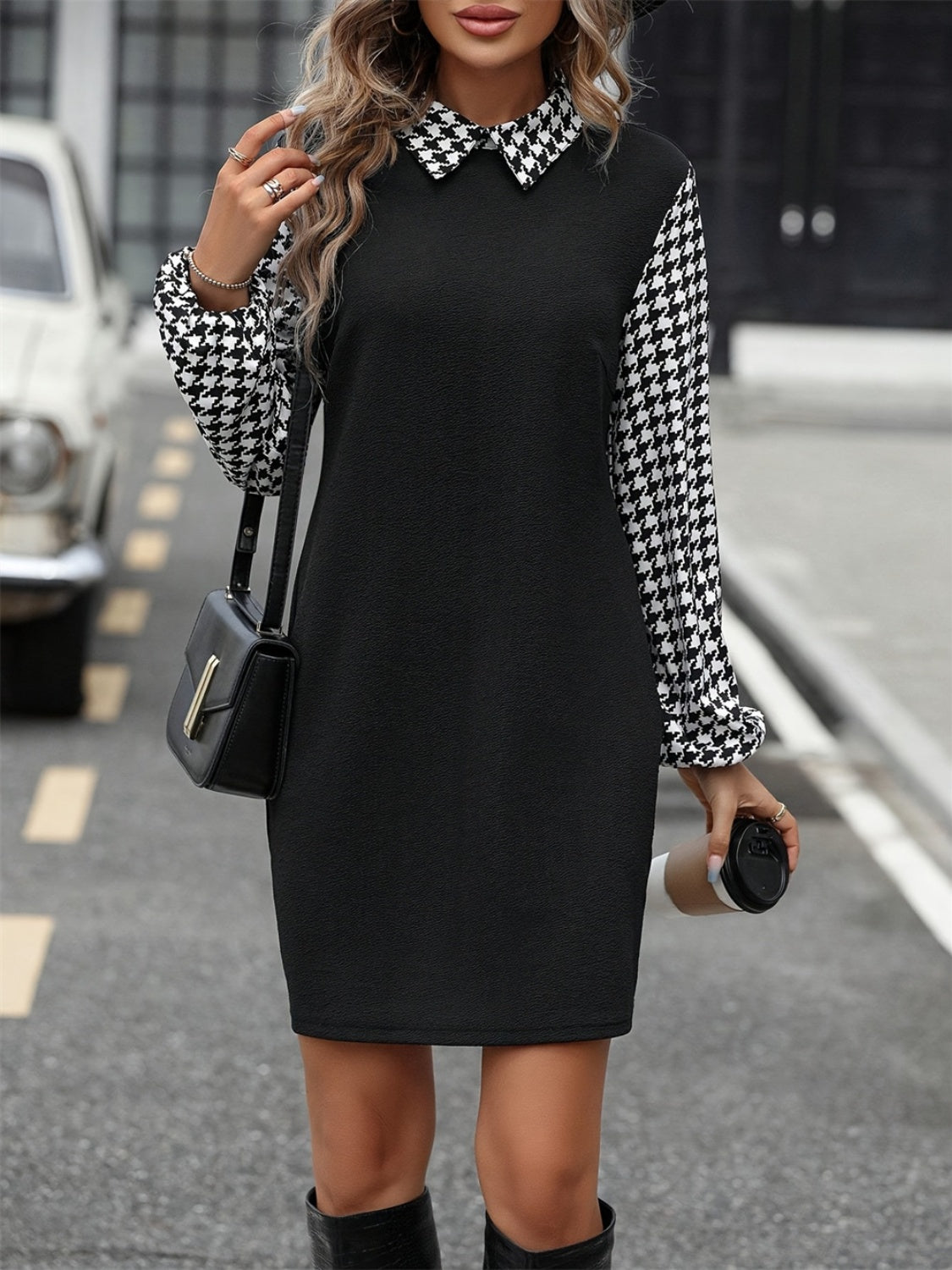 Houndstooth Collared Neck Long Sleeve Mini Dress Trendsi